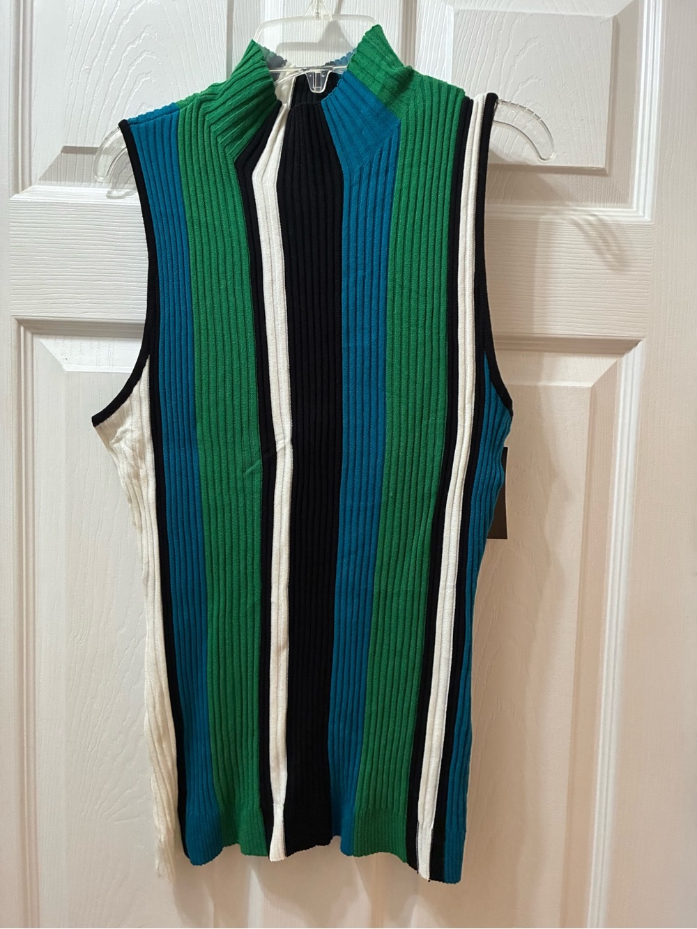 Sleeveless Ribbed Mock Neck Stripe Top - Green/Blue/Black/White
